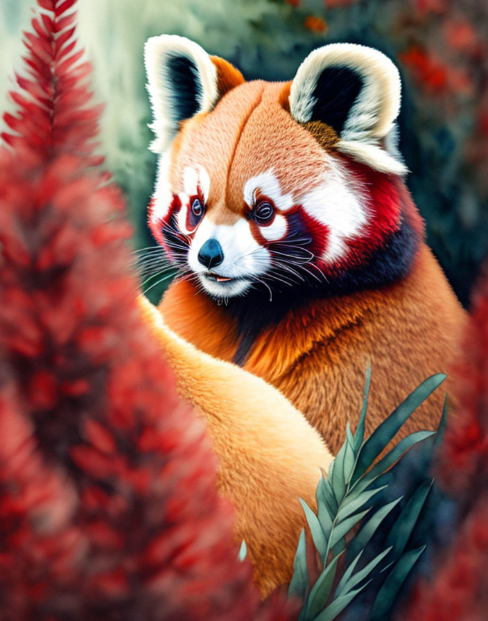 Vivid red panda with facial markings in green foliage and red flora