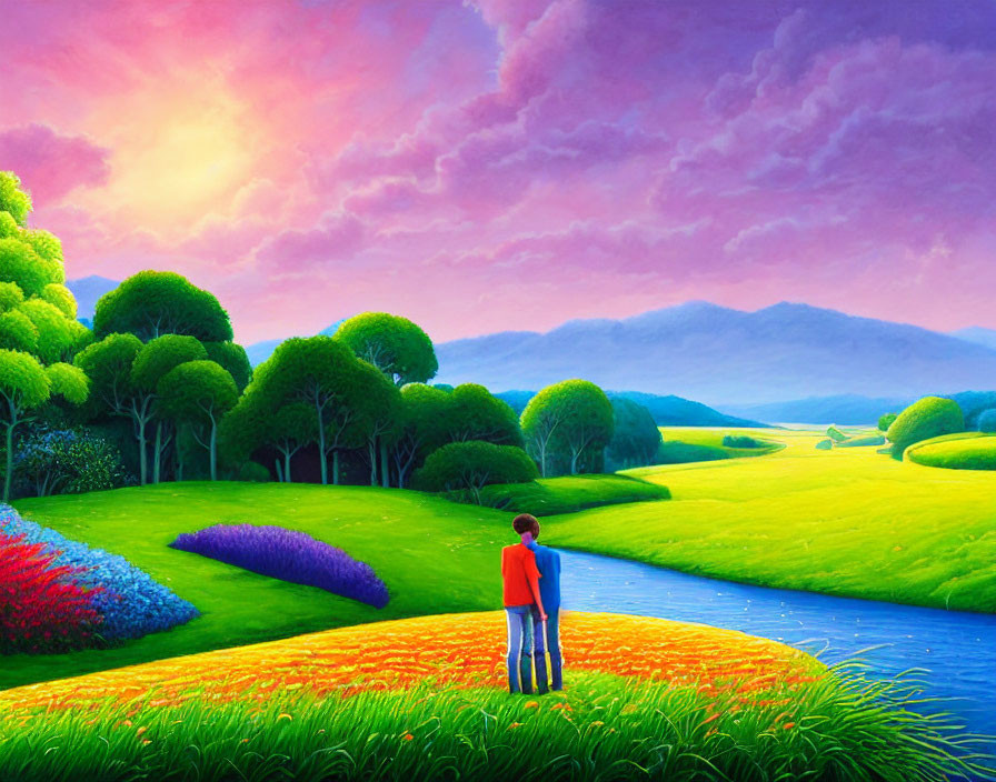 Colorful Landscape Painting: Child by Blue River in Lush Greenery