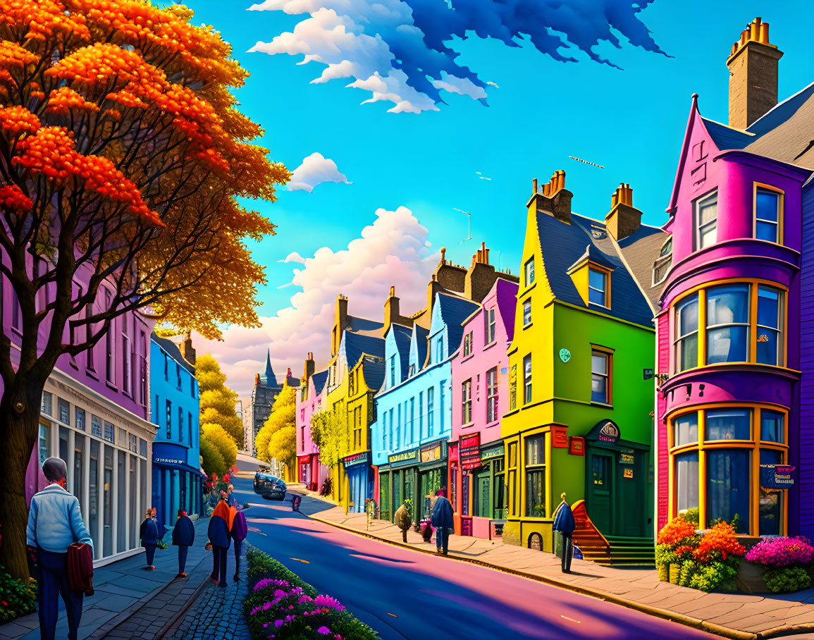 Colorful street scene with buildings, people, trees, and blue sky