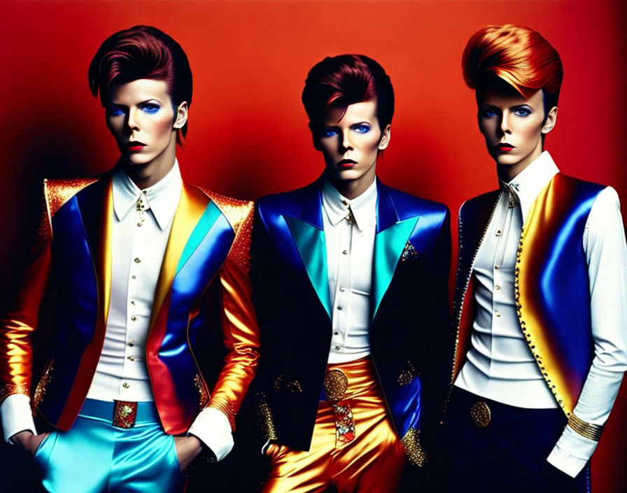 Androgynous style models in vibrant suits against red backdrop