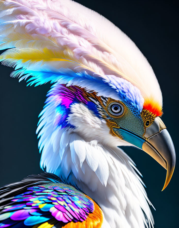 Colorful bird with feather crest and iridescent plumage on dark background