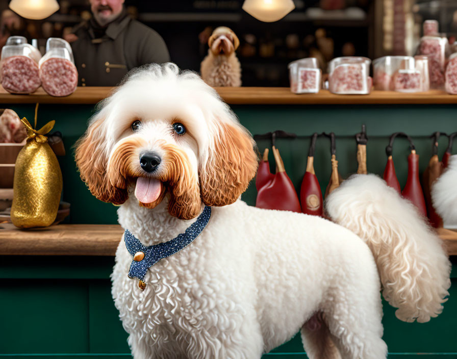 White Dog with Brown Ears in Shop with Cured Meats