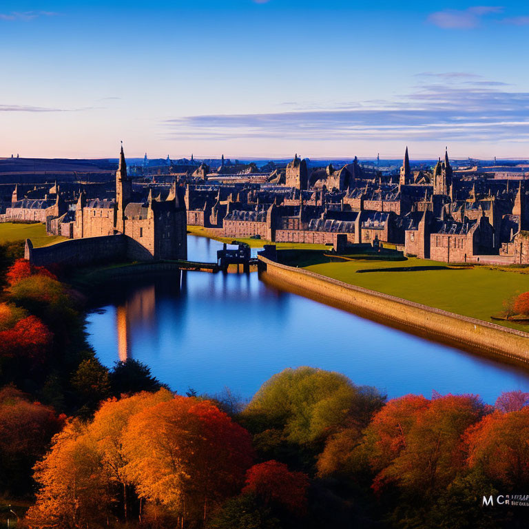 Historic cityscape with castle, spires, river, and autumn trees