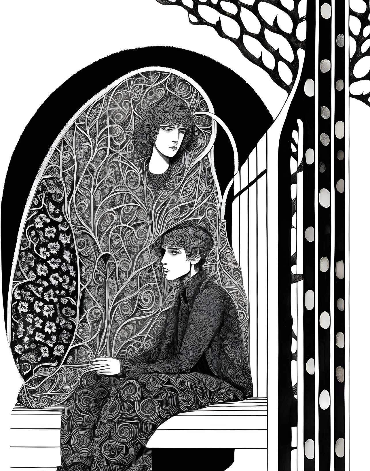 Monochrome Art Nouveau illustration with stylized figures and intricate patterns