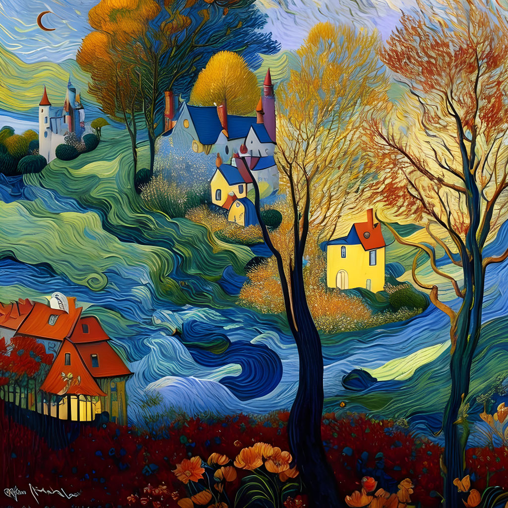 Colorful village painting with swirling patterns, trees, castle, and dynamic sky