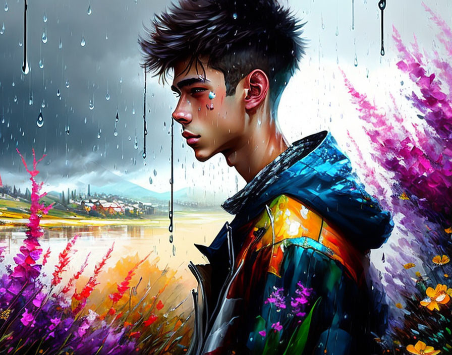 Colorful Jacket Young Man Digital Illustration with Flowers and Raindrops