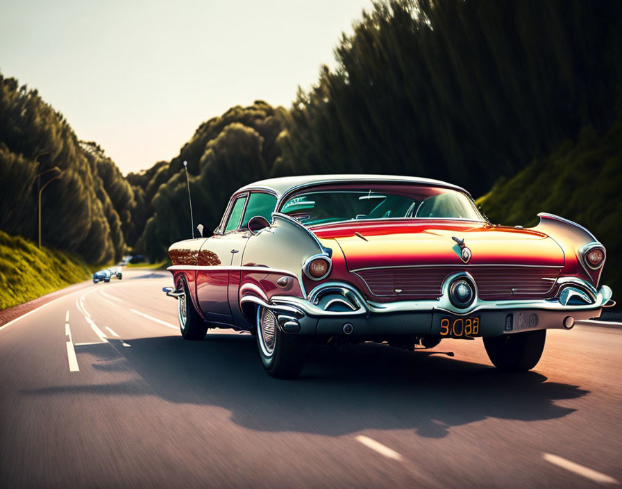 Vintage car with two-tone paint job under warm sunlight on highway