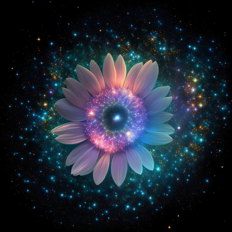 Digital art: Cosmic starry background merges with luminous flower for celestial floral illusion