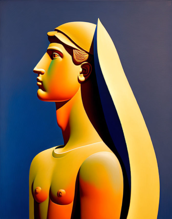 Profile portrait of woman with golden headdress on blue background