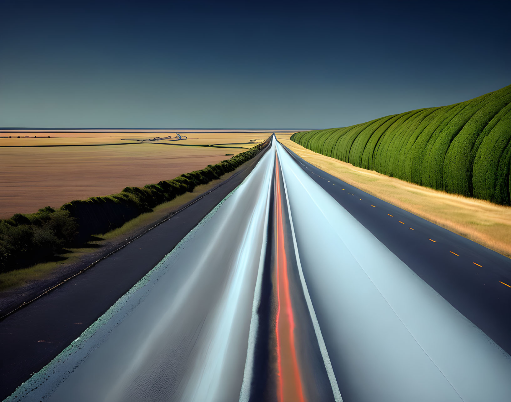 Straight Highway with Light Trails, Fields, Trees, and Clear Sky