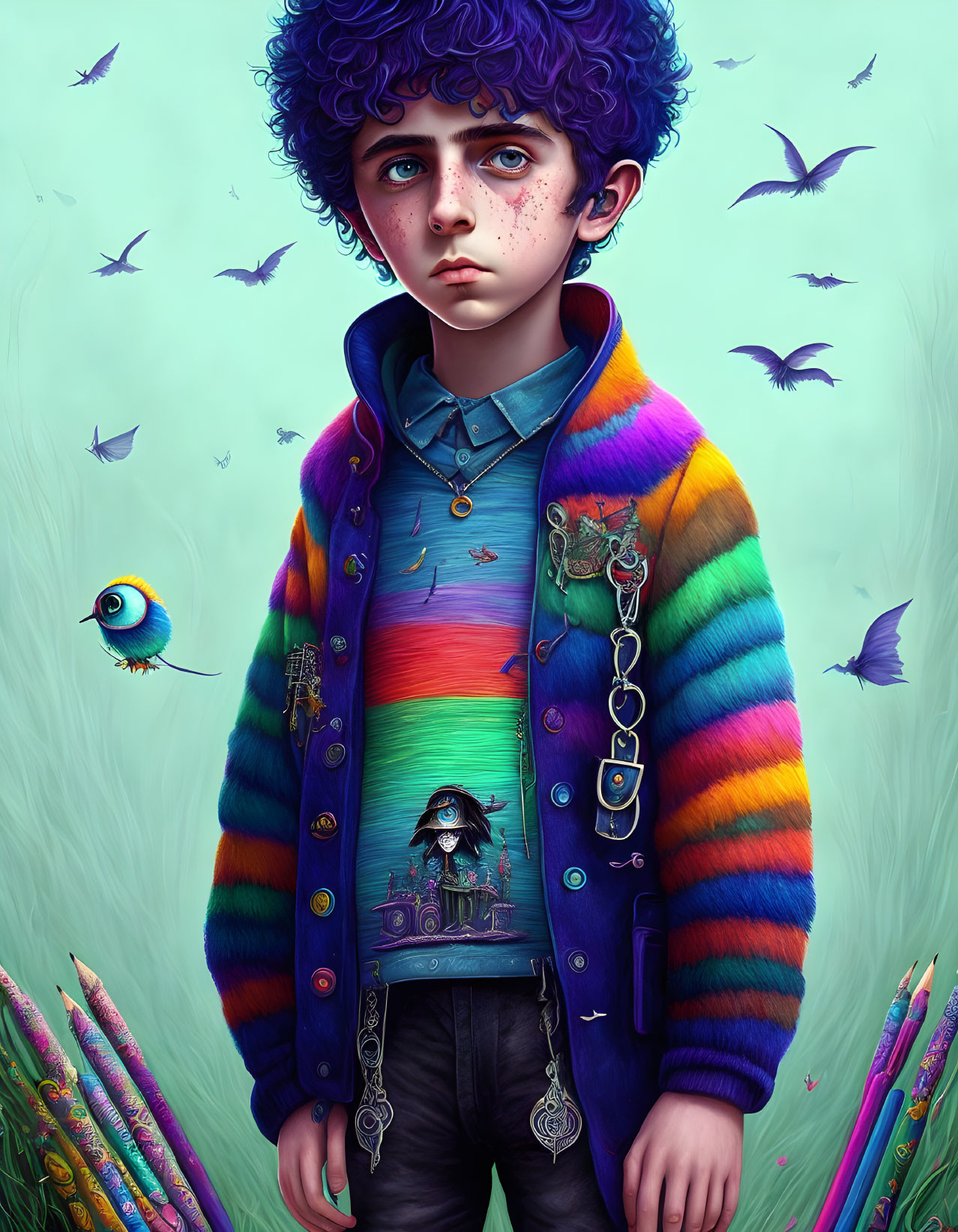 Vibrant illustration of sad boy with blue hair and rainbow jacket among flying fish and plants