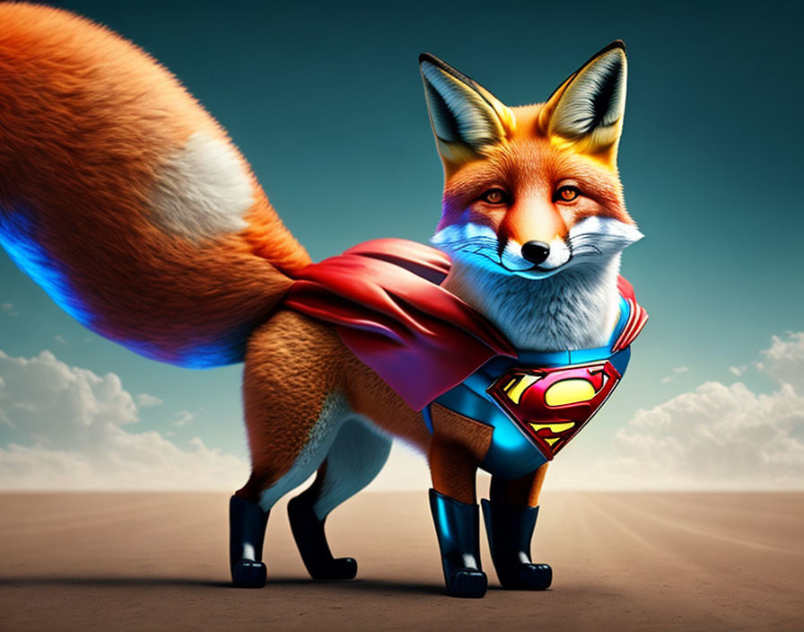 Stylized image of heroic fox in Superman costume with red cape