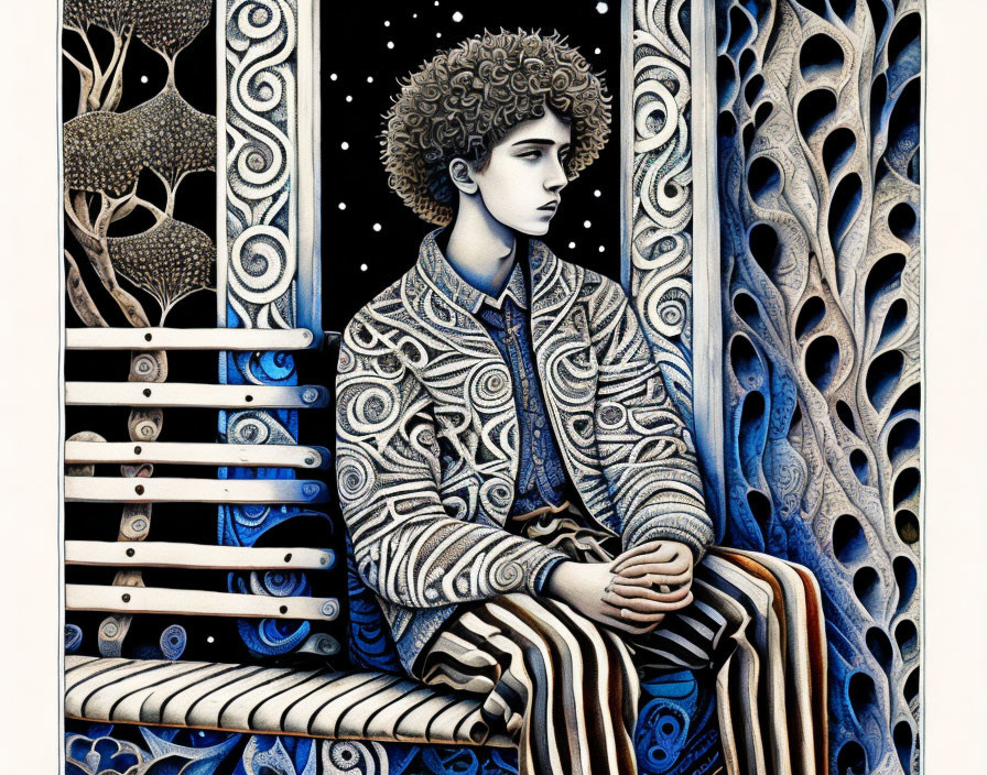 Person with Curly Hair in Patterned Jacket on Bench Against Starry Background