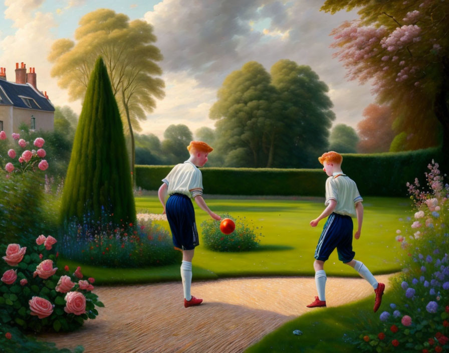 Red-Haired Individuals Playing Ball in Sunset-Lit Garden