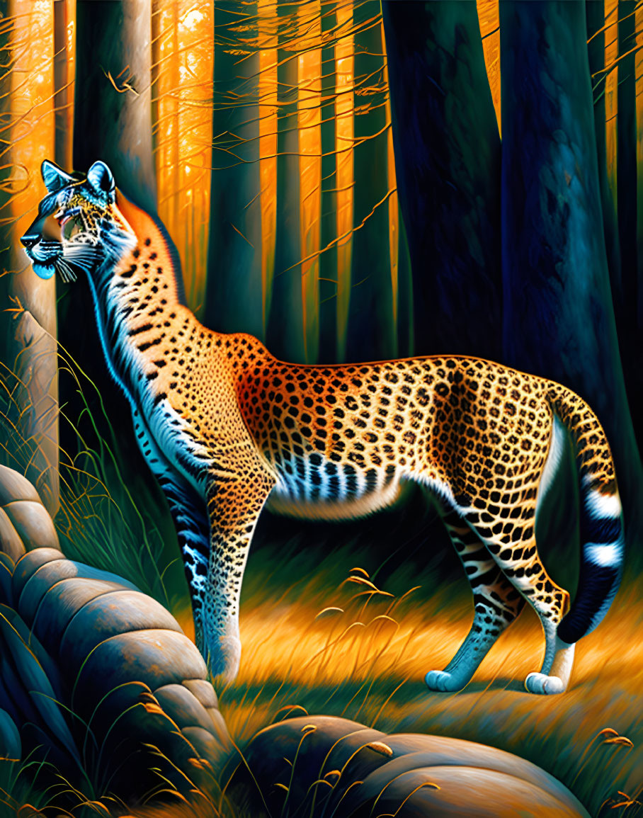 Tall, slender cheetah in sunlit forest with golden light.