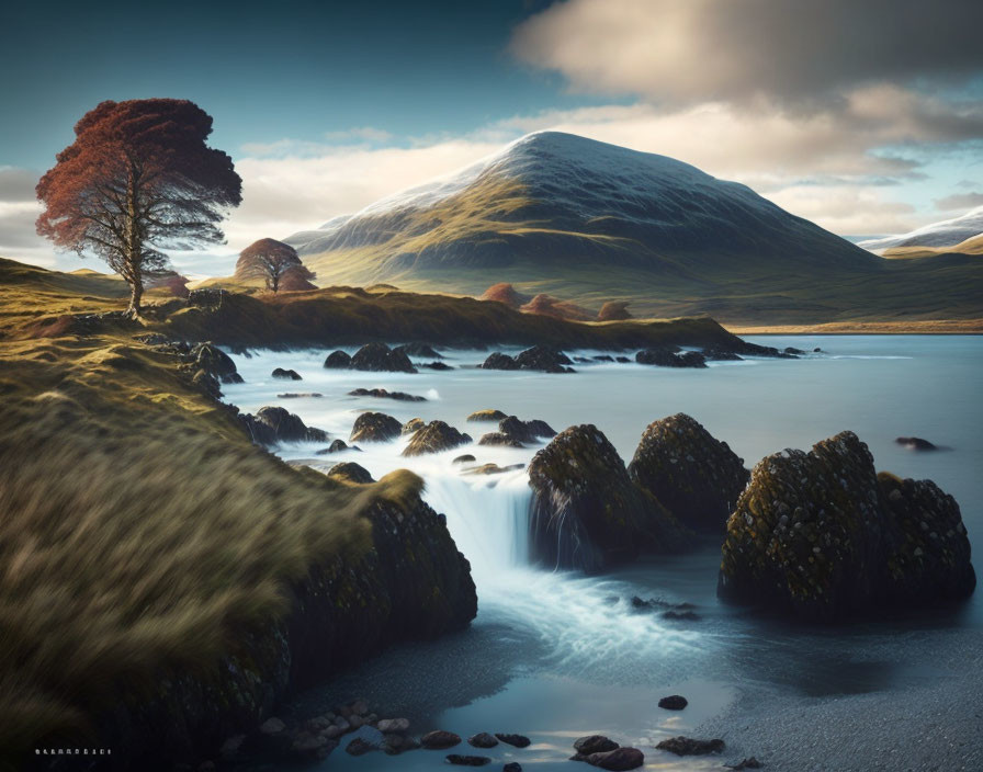 Tranquil landscape with lone tree, waterfall, and coastal inlet