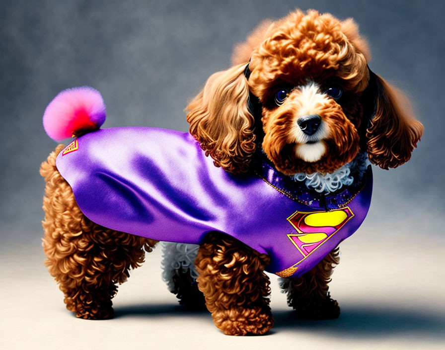 Brown Curly-Haired Dog in Purple Superman Cape with Expressive Eyes