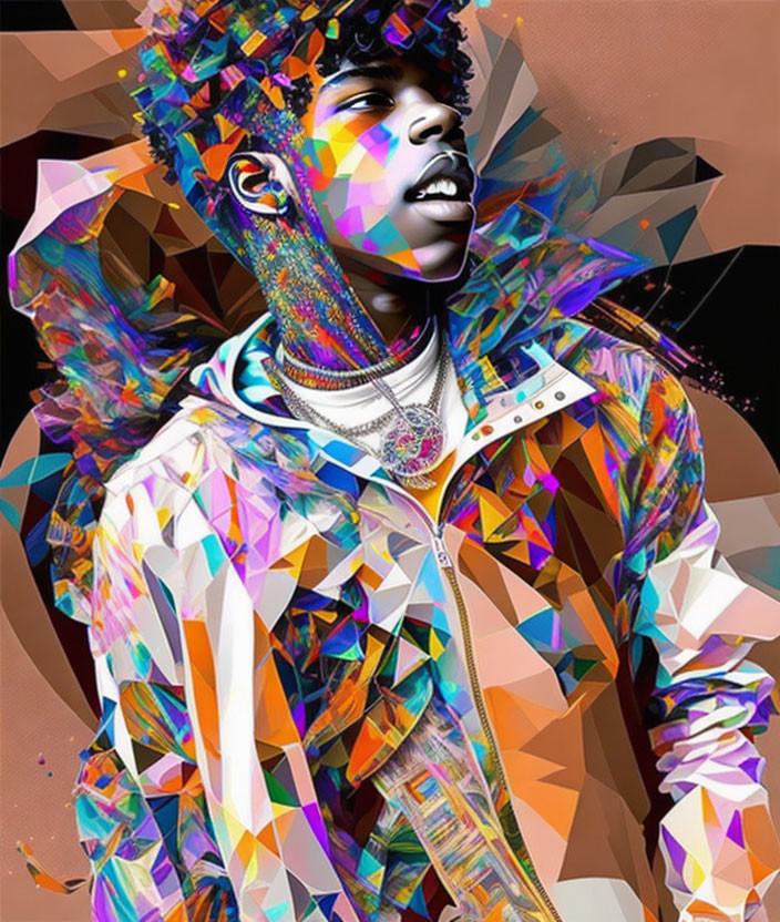 Vibrant digital portrait with pensive expression and geometric jacket