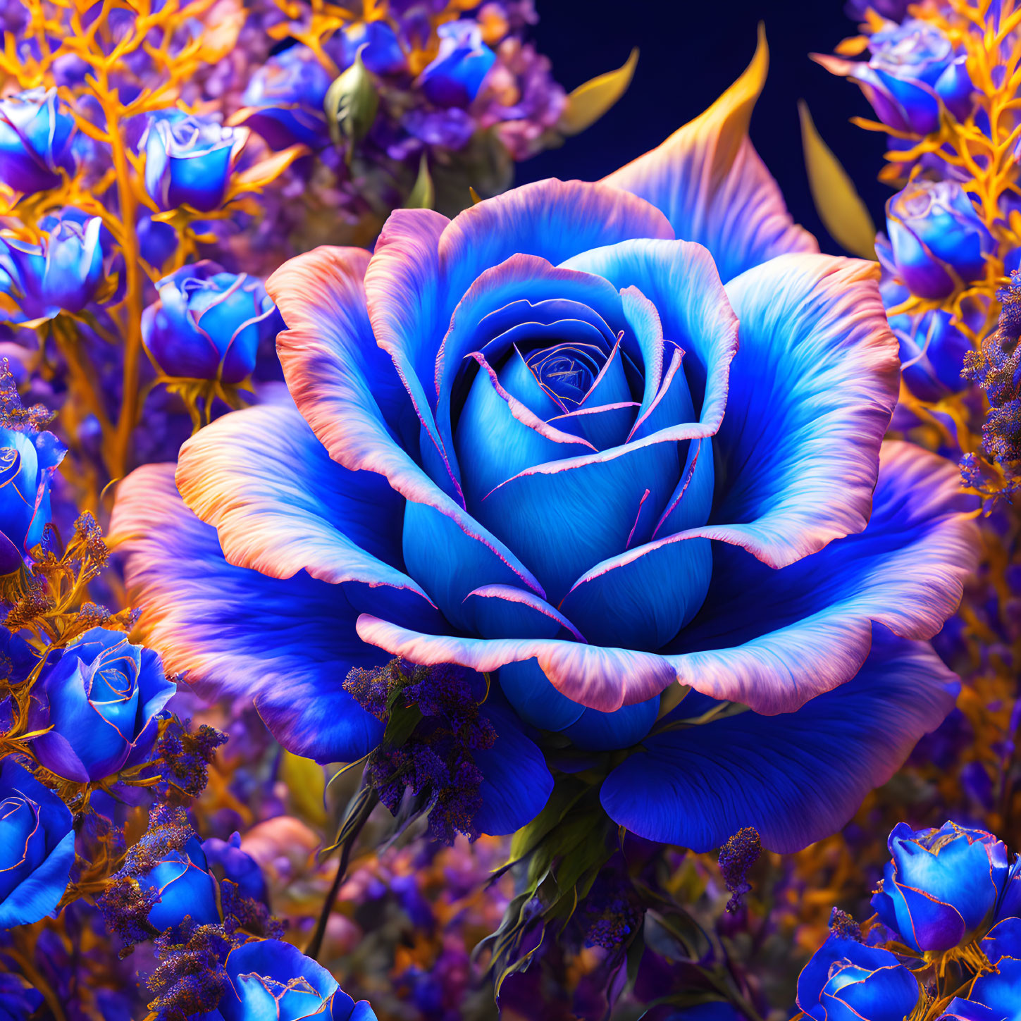 Vibrant blue and purple rose bouquet on blue backdrop