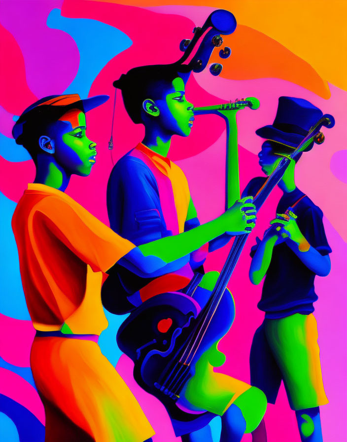 Colorful Stylized Figures with Cello and Hat on Vibrant Background