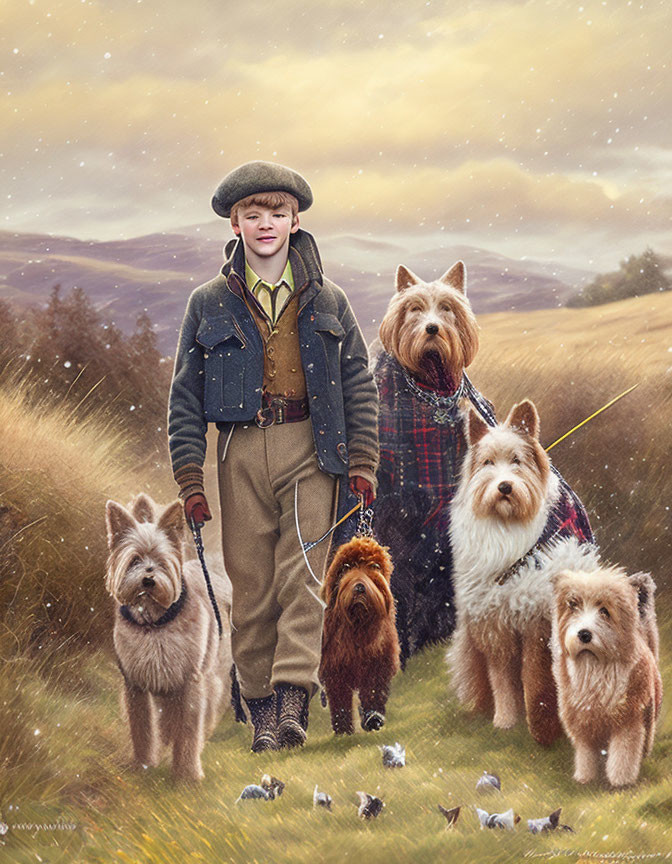 Boy in countryside attire with four Scottish Terrier dogs in field.