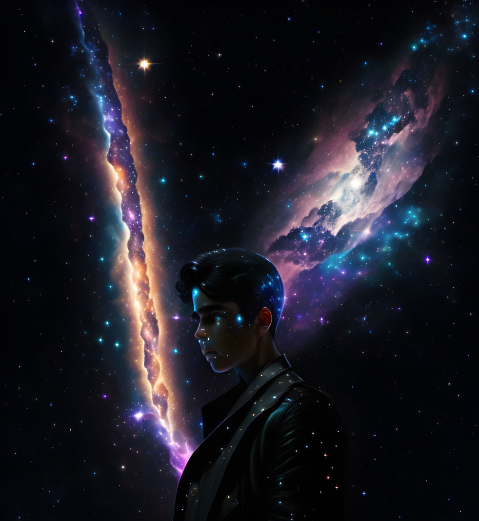 Stylized man profile against vibrant cosmic backdrop