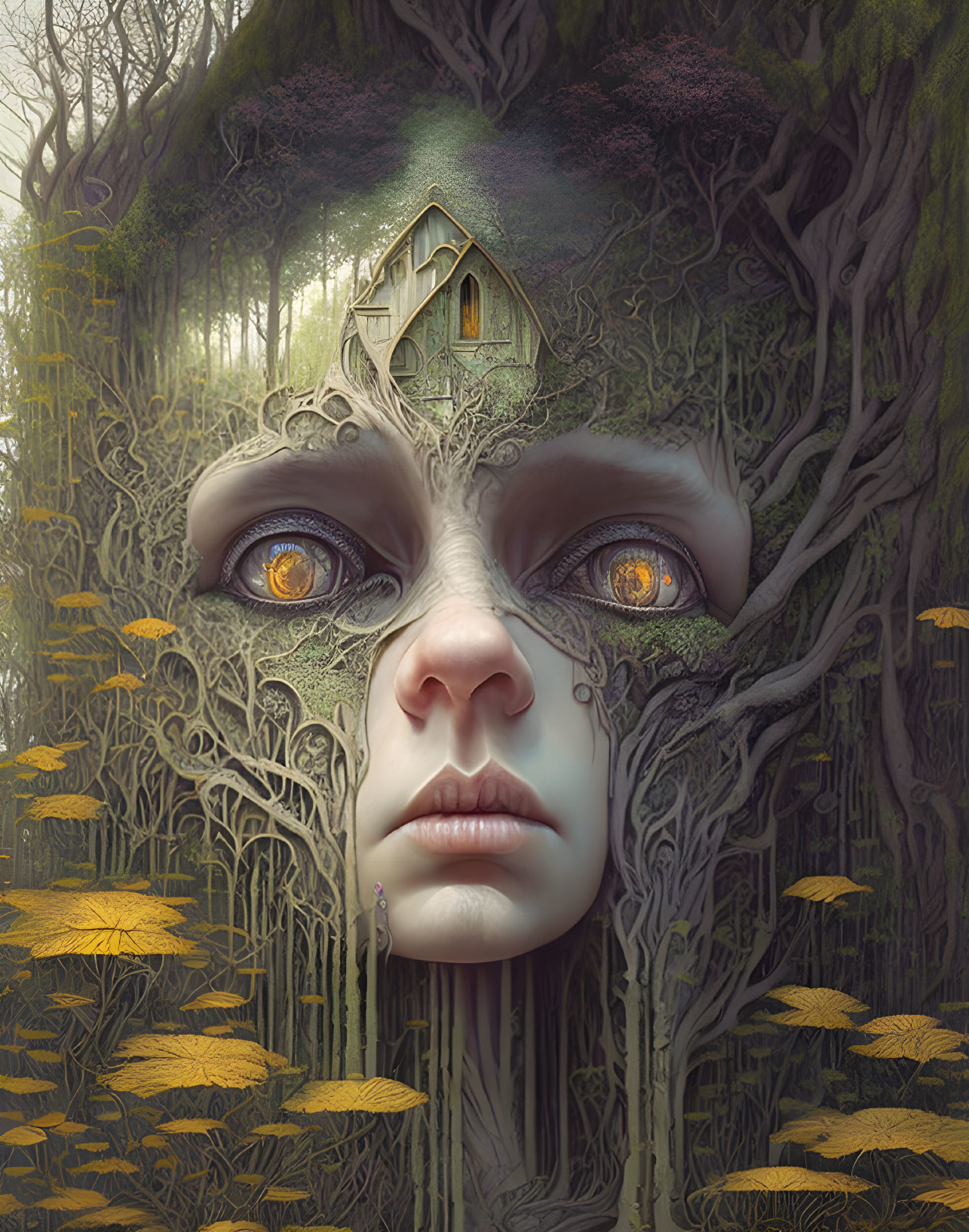 Surreal illustration: face merges with tree, intense eyes, house, yellow mushrooms