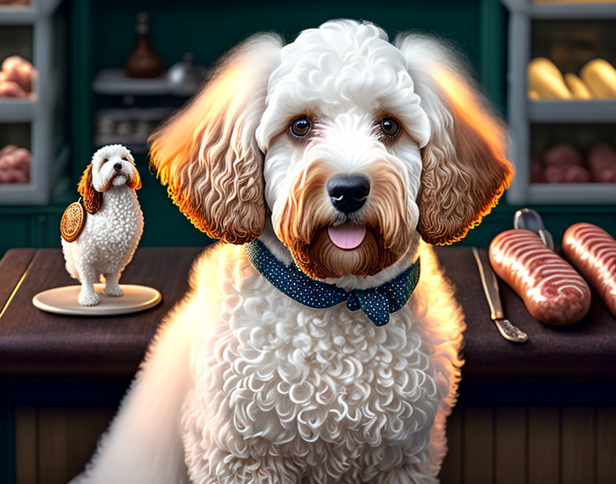 Fluffy white and beige dog with soulful eyes in front of food counter