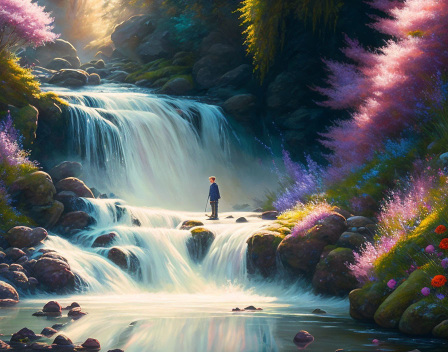 Serene waterfall scene with person on rock and colorful flora