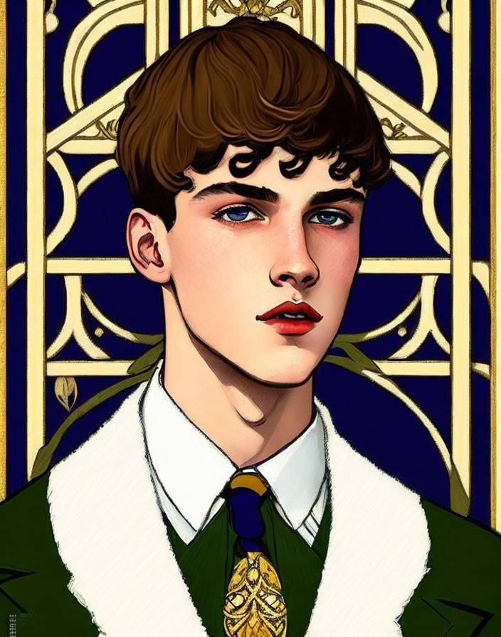 Stylized portrait of person with curly hair, blue eyes, red lips, green jacket, gold