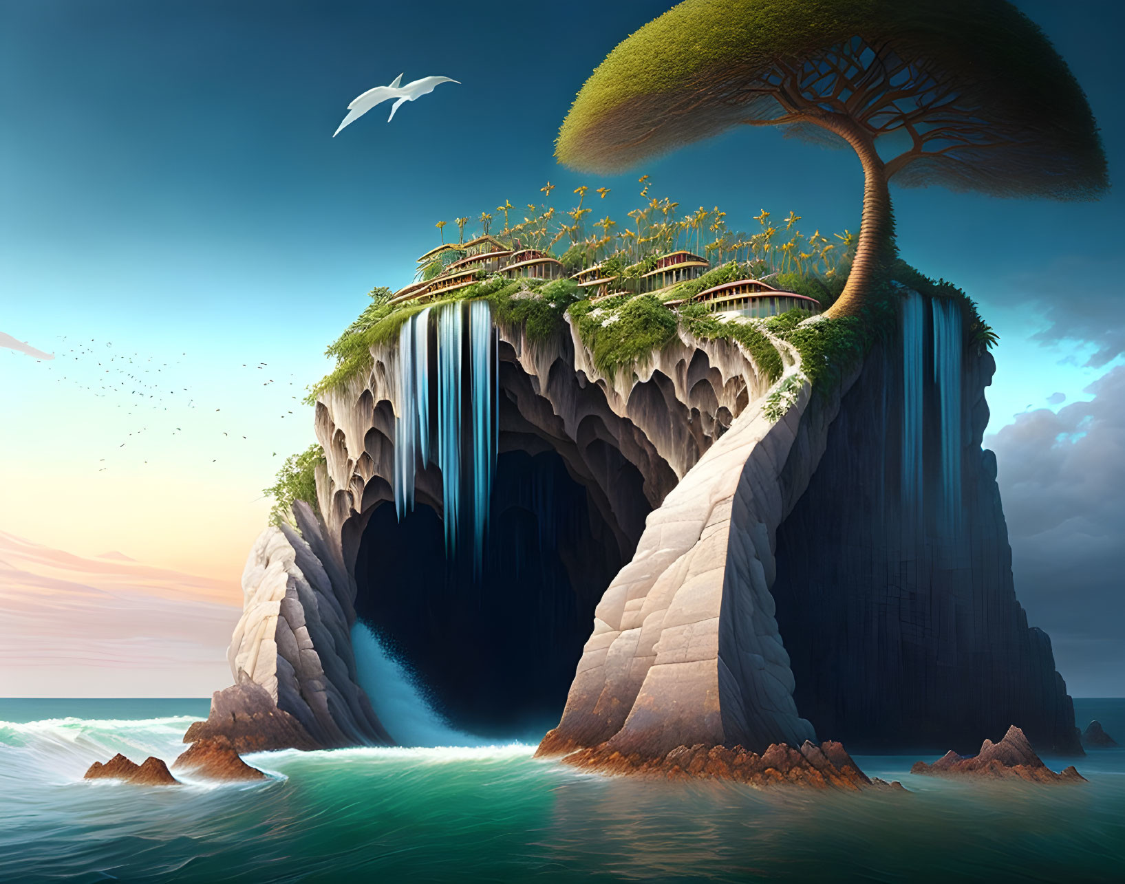 Majestic island with cliff, waterfall, lone tree, birds, and serene sea