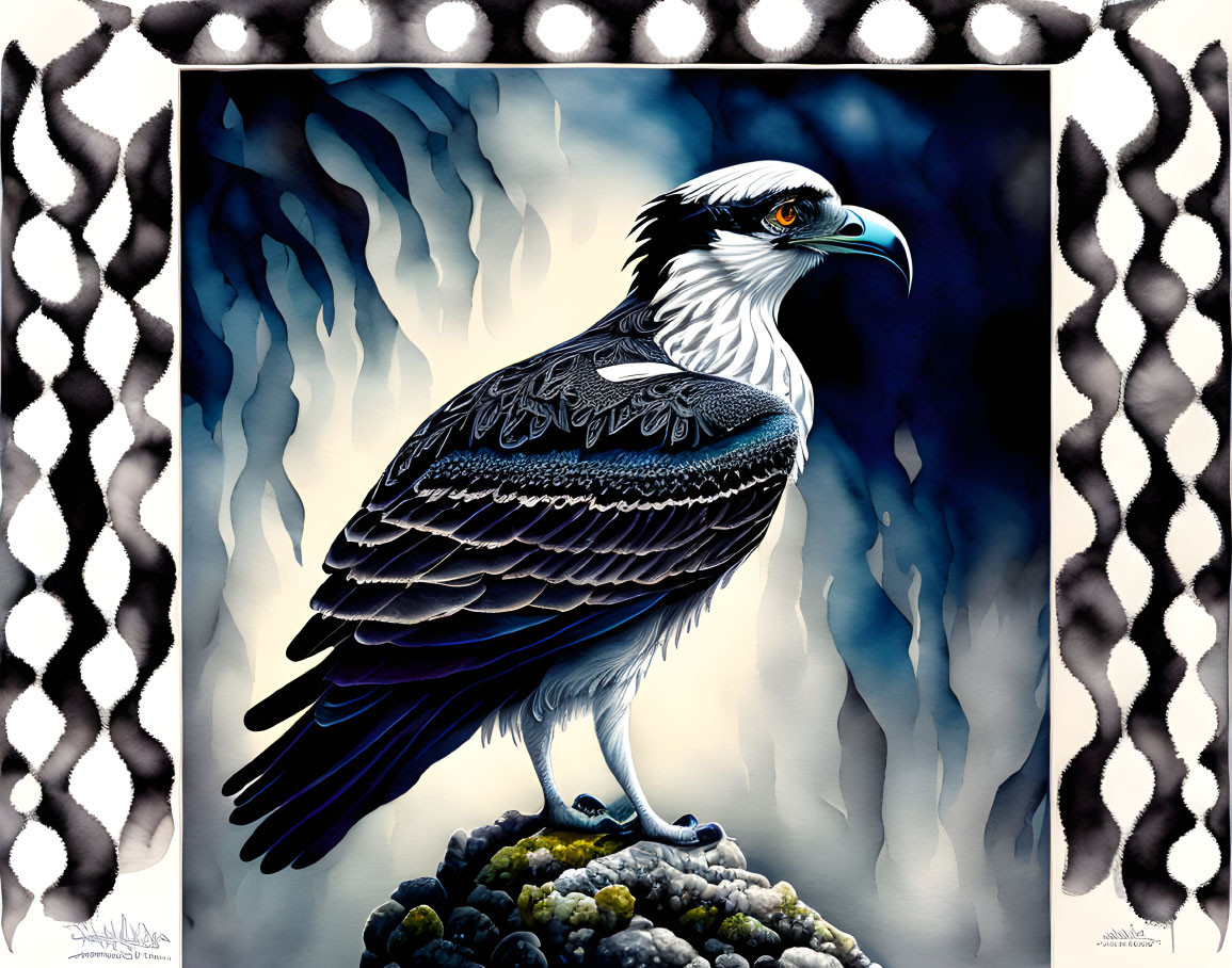 Majestic eagle illustration on rocky outcrop with stylized background