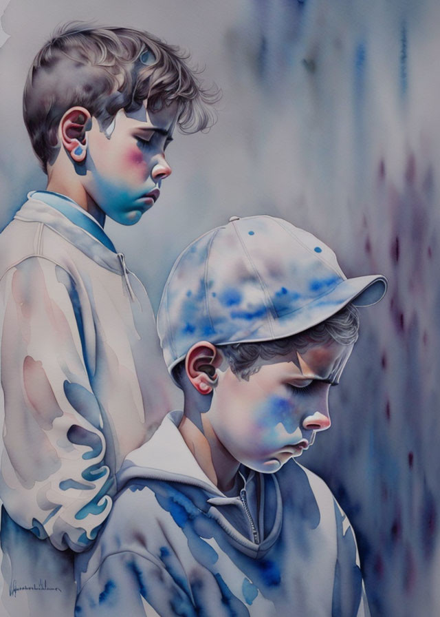 Contemplative boys in blue painting with dripping effect