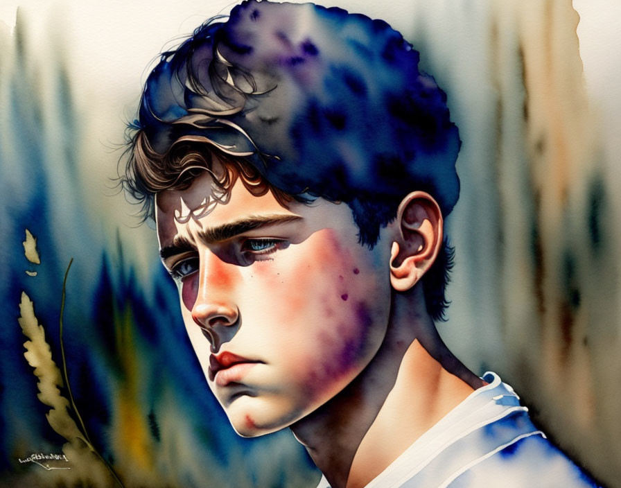 Vibrant watercolor digital painting of a contemplative young man