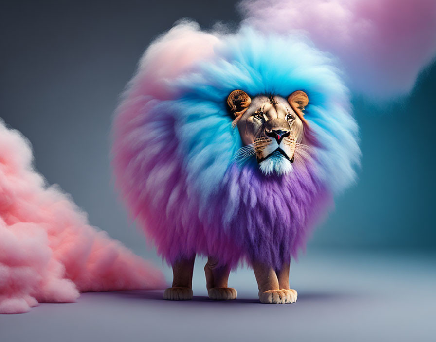 Vibrantly colored lion with blue and purple mane in pastel clouds