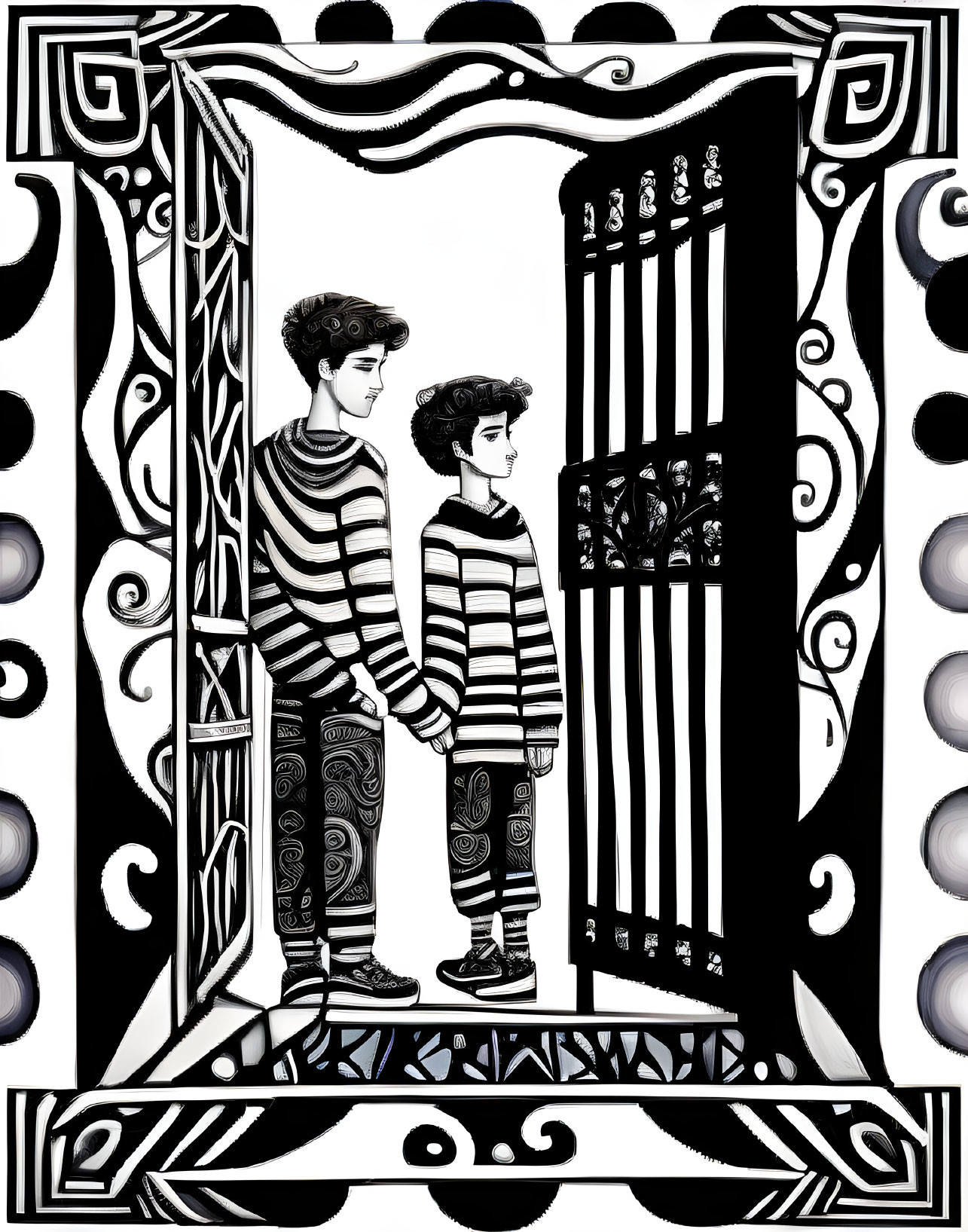 Stylized figures in striped clothing by patterned gate in ornate border