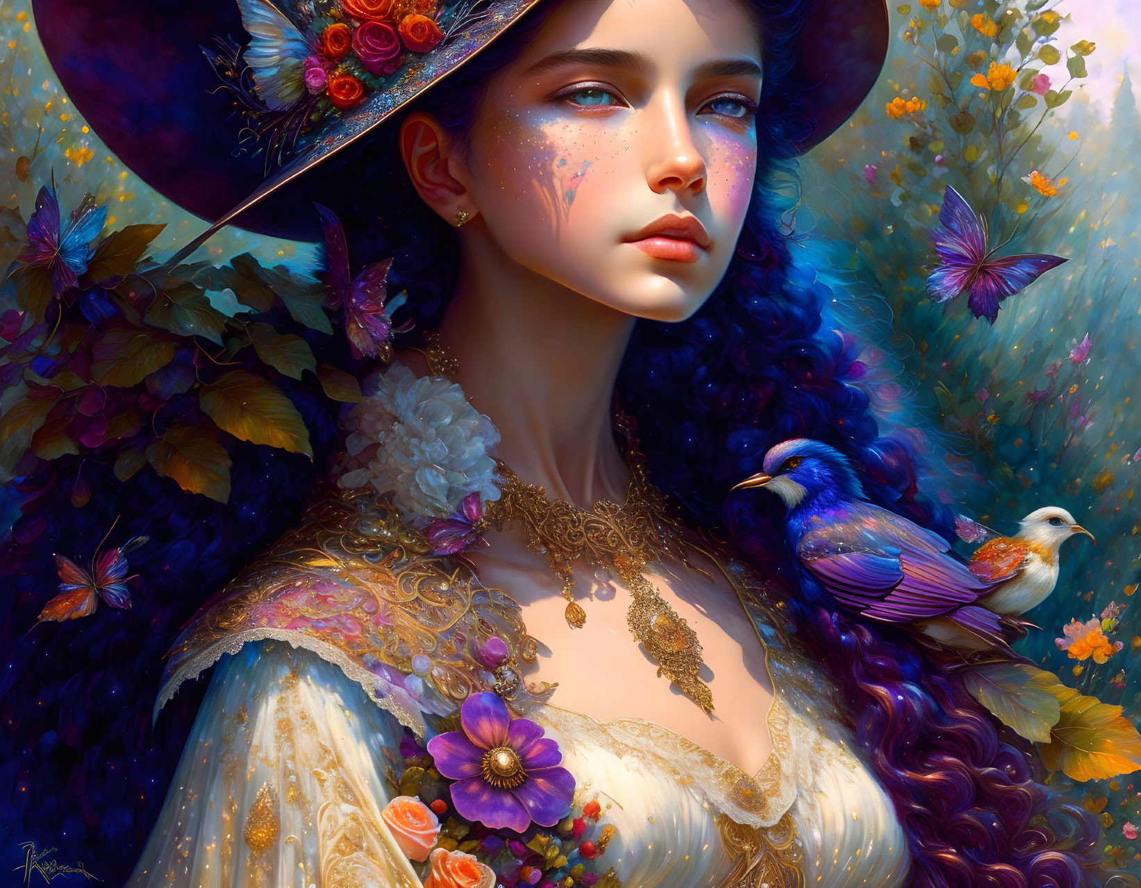 Digital painting: Woman in floral hat with birds & flowers in vibrant fantasy scene