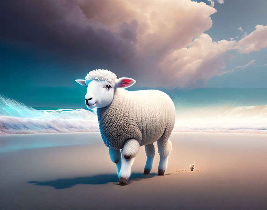 Fluffy sheep and tiny mouse on sandy shore with waves and dramatic sky