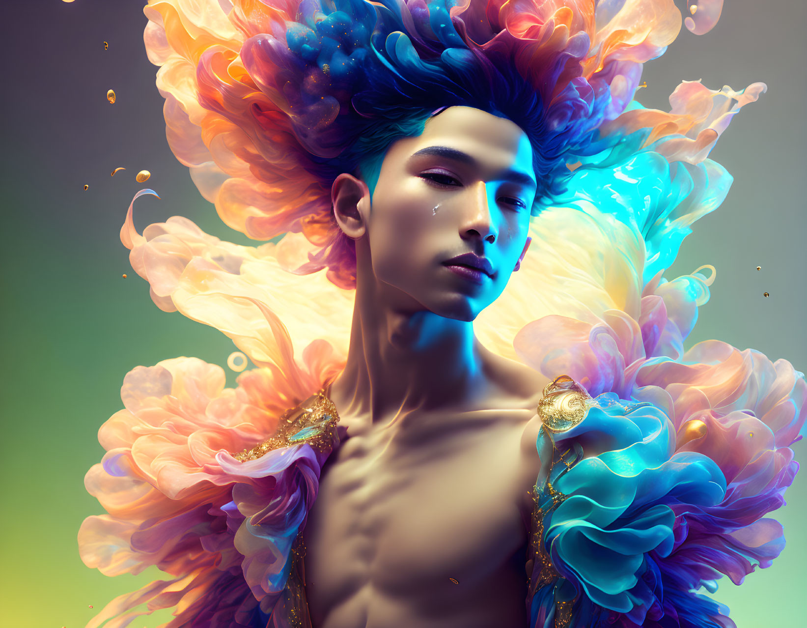 Colorful digital artwork of person with ornate cloud-like headdress.