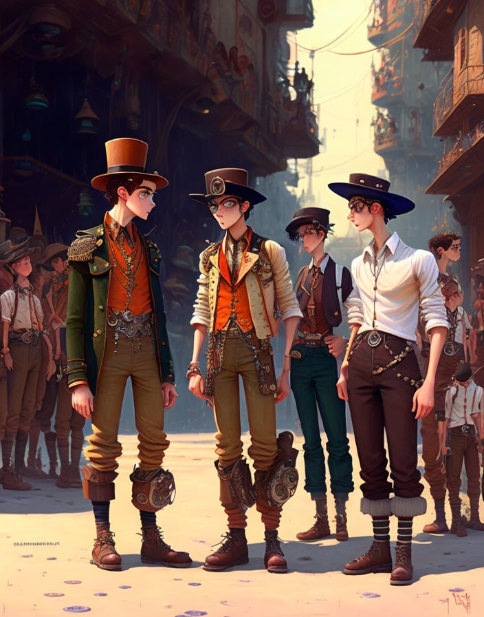 Four Steampunk-Styled Animated Characters in a Busy Street