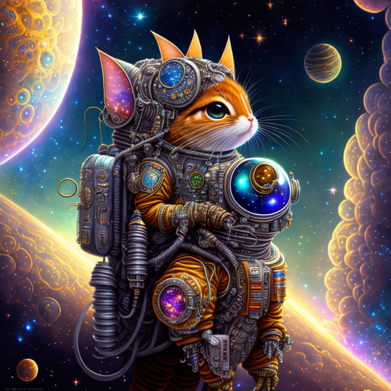 Orange Cat in Futuristic Astronaut Suit with Cosmic Background