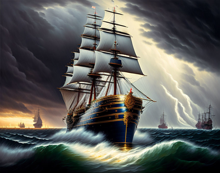 Tall ship with full sails in stormy seas with lightning