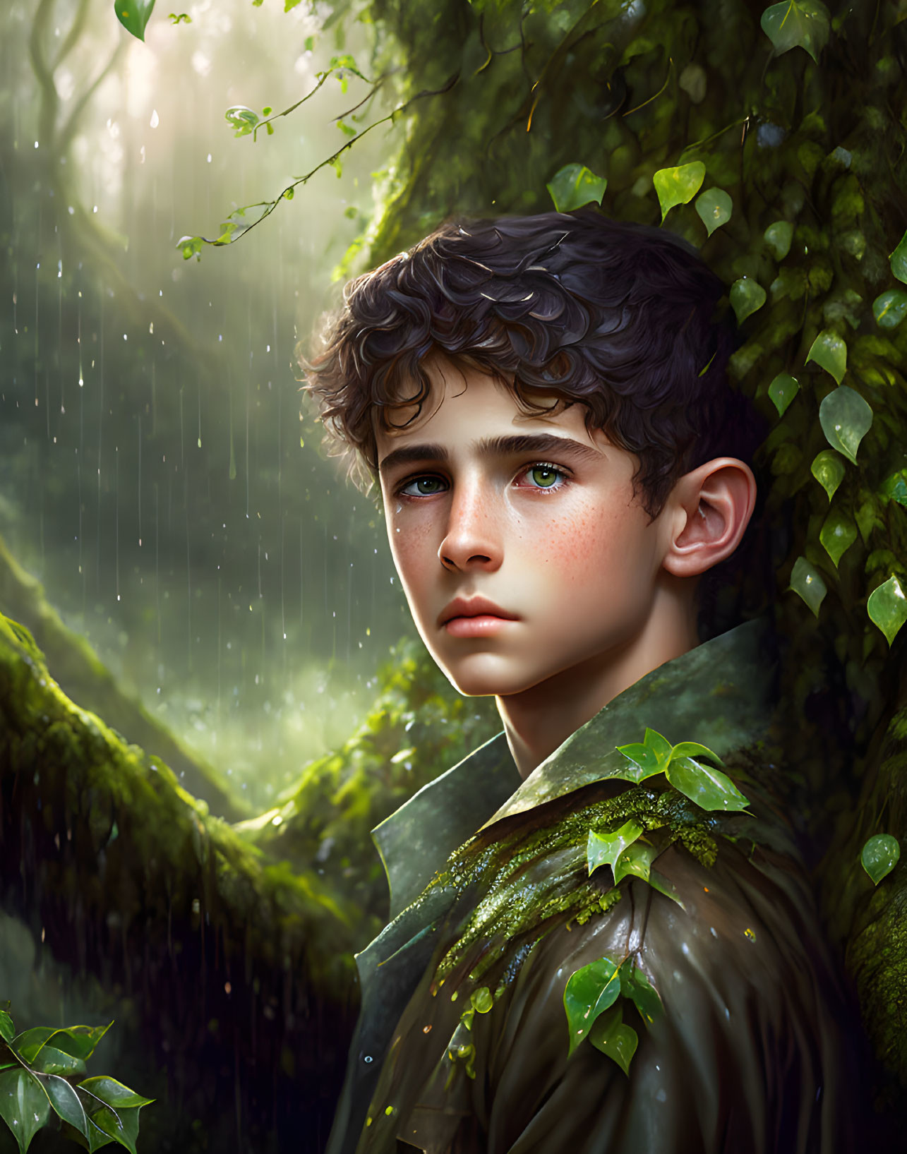 Curly-Haired Boy in Misty Forest with Rain and Green Jacket