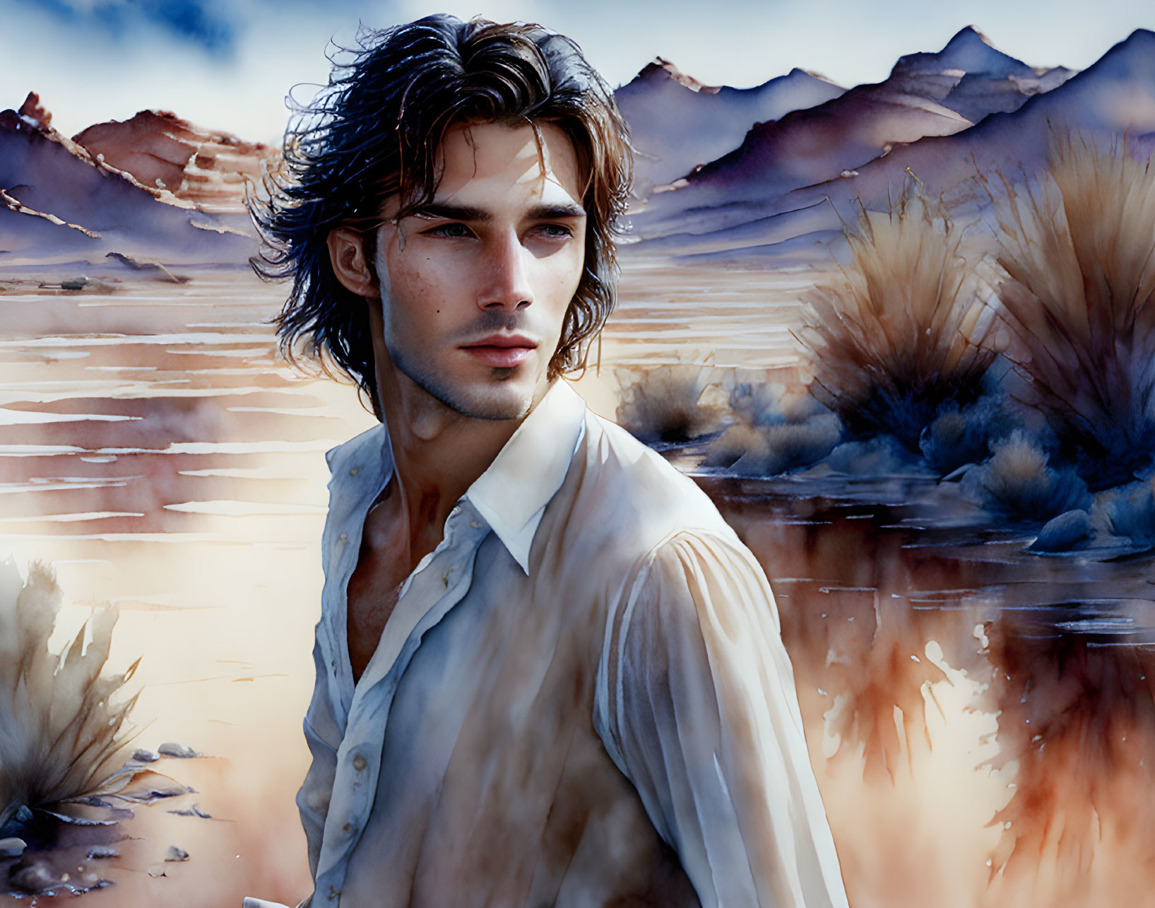 Man with tousled hair in white shirt against desert backdrop