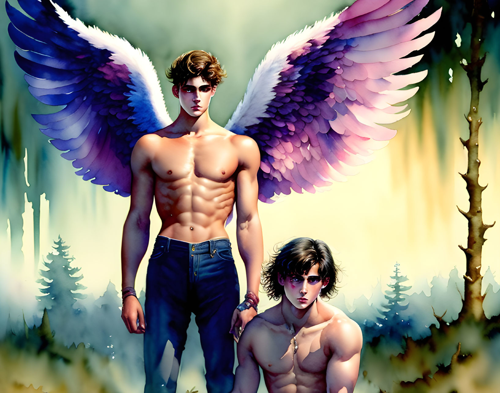 Male figures with angelic wings in mystical forest, one standing, one crouching, both contempl