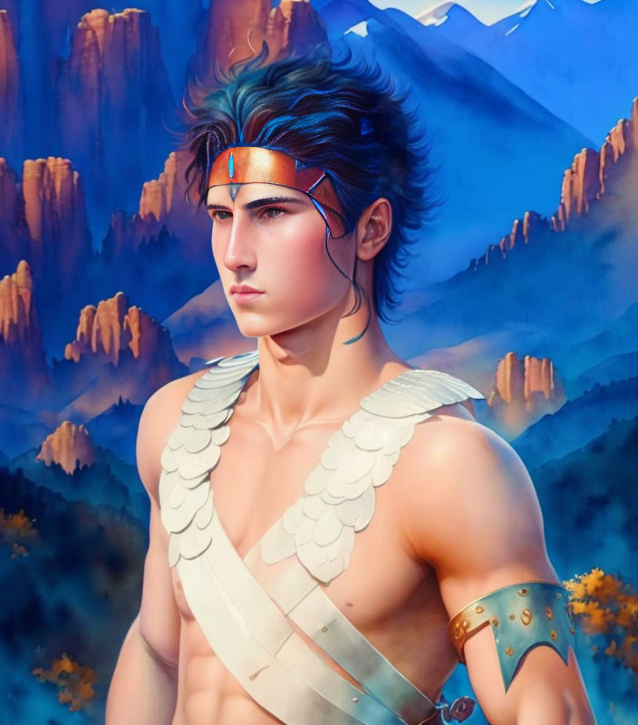 Male figure in winged armor on fantasy landscape with blue headgear.