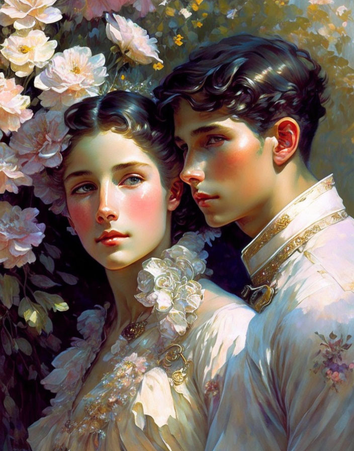 Young couple in elegant white garments with floral embellishments sharing a tender gaze