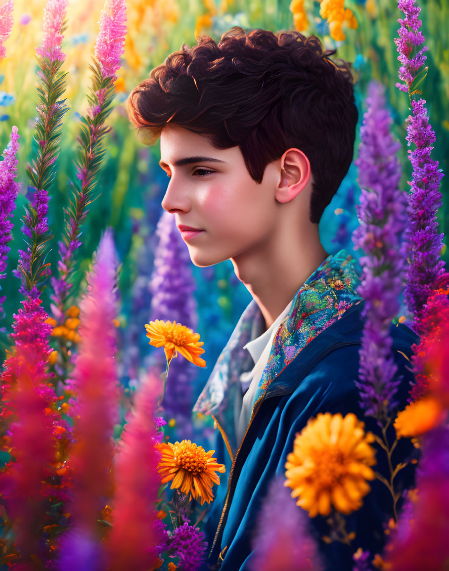 Profile of dark-haired youth with vibrant flowers on colorful backdrop