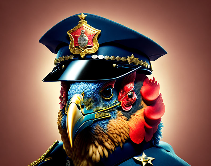 Hybrid bird illustration in police uniform cap.