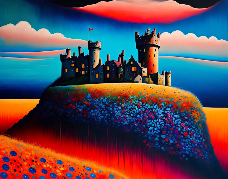 Colorful surreal painting: castle on hill with vibrant flowers under dramatic sky